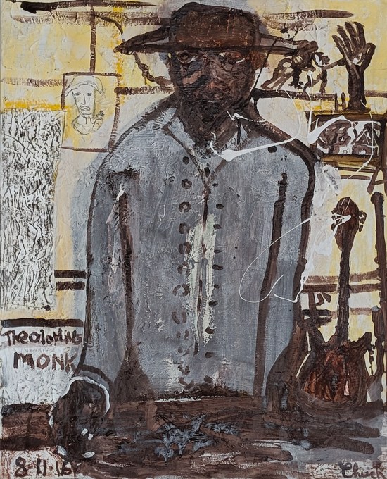 Man in a broad hat and gray shirt surrounded by drawings and the words Thelonious Monk.