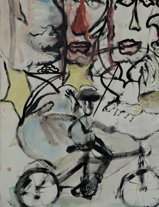 Large overlapping faces in black line above a small cyclist on a pale ground.