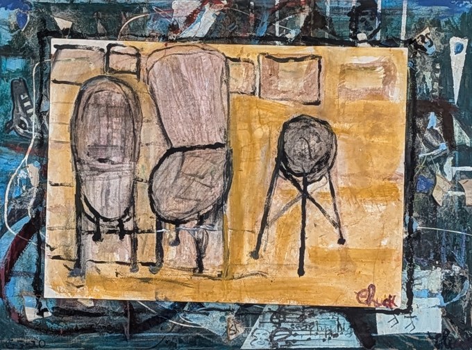 Three outlined chairs on a yellow inset surrounded by a blue and black painted border.