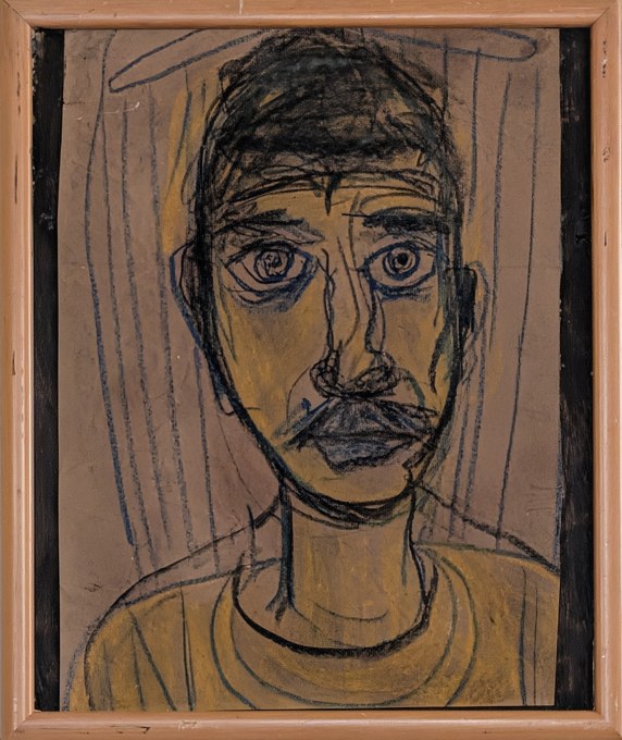 Frontal line portrait with large eyes, moustache, and knit cap on a brown ground.