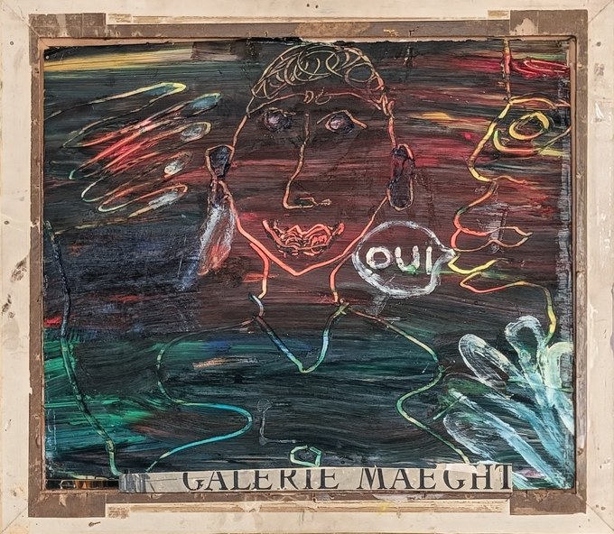 Fine-lined face and raised hand over dark horizontal colors with OUI and Galerie Maeght lettering.