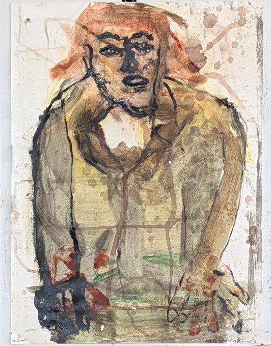 Broad-shouldered figure leaning forward with dark hands and an ochre body on white.