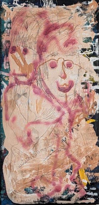 Overlapping pink faces and bodies on a tall peach field with dark edges.