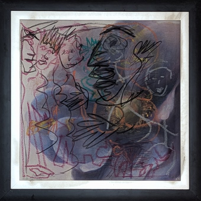 Interlaced faces and figures in black, red, and pale lines over purple washes.