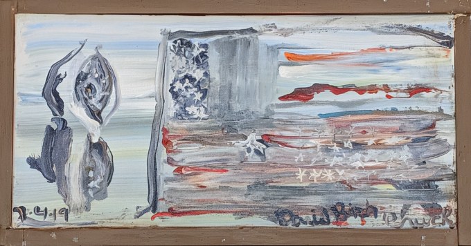 Pale horizontal flag-like composition with a split blue-gray figure at left.