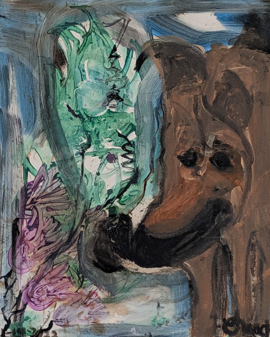 Tall turquoise face-like form beside a brown head with a long dark curved mouth.