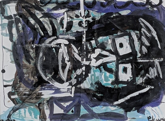 White looping and angular signs over a dense black, blue, and violet field.