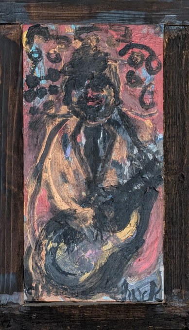 Dark seated figure outlined in ochre within a narrow rose-colored field.