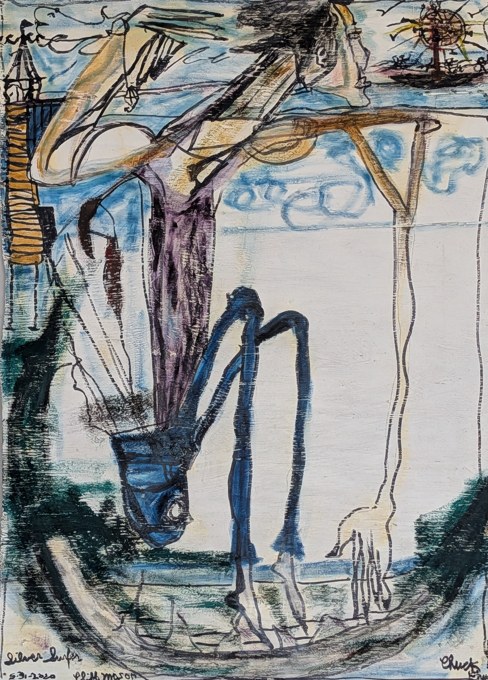 Angular elongated figure with blue bent legs above a dark boat-like curve.