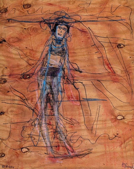 Thin blue-black standing figure amid fine wandering lines on orange.