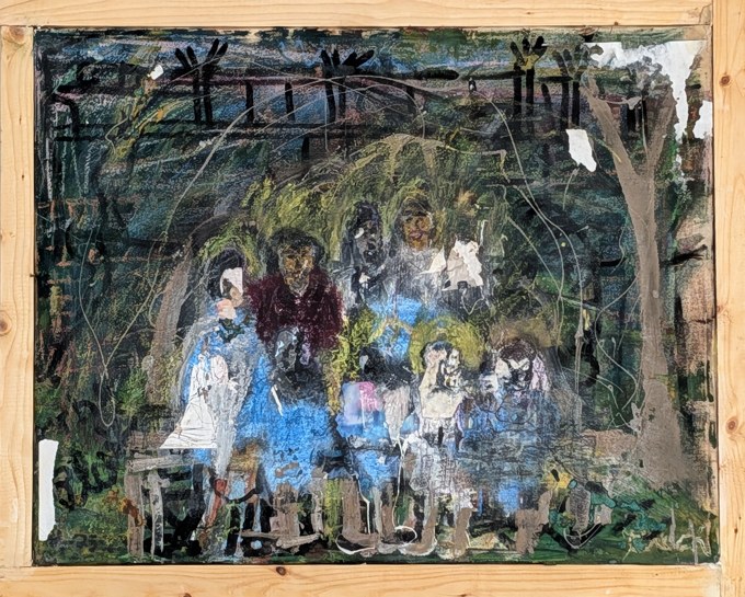 Small group of pale and blue figures beneath trees and dark branches.