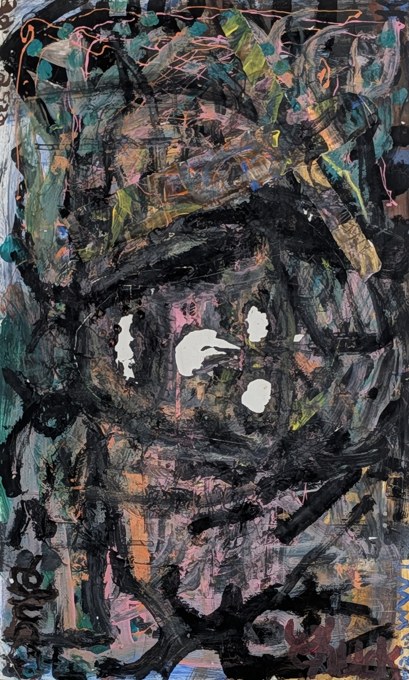 Dense black and multicolored marks suggesting a bent head and rounded torso.