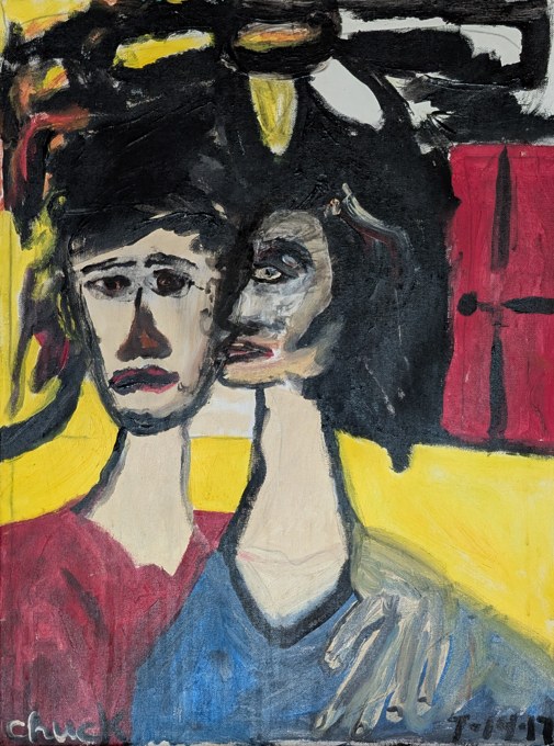 Two pale long-necked figures in red and blue against yellow, black, and a red rectangle.