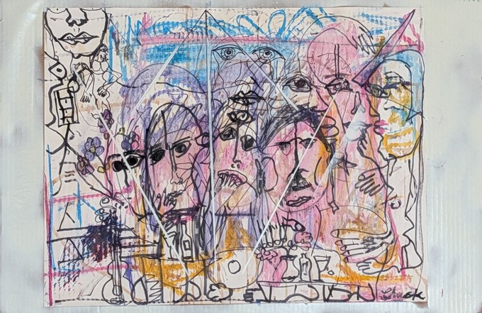 Many overlapping faces in fine black and colored lines on a pale horizontal sheet.
