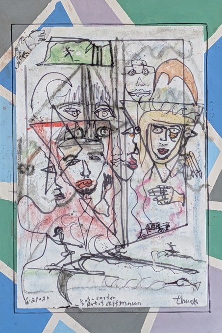 Overlapping outlined faces on a white sheet surrounded by blue, green, and lavender geometry.