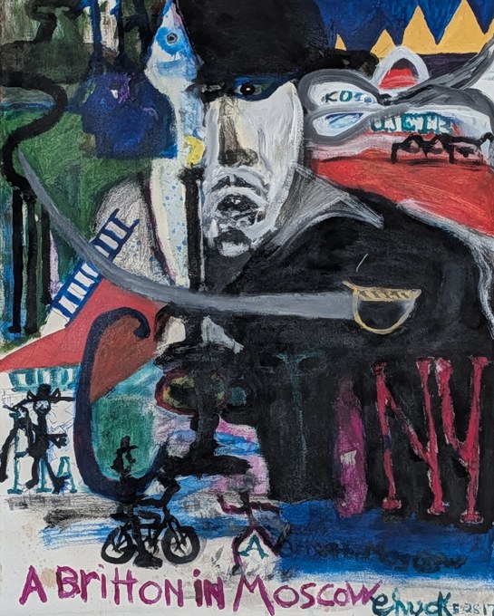Pale face under a dark hat amid red, green, blue, and symbolic shapes with lettering below.