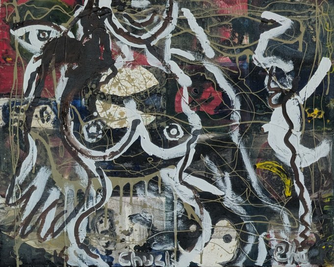 White curving body-like outlines, eyes, and dark forms over a dense black field.