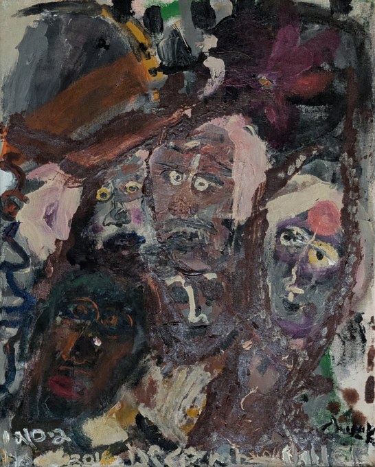 Closely grouped brown, violet, and pale faces against a dark multicolored ground.